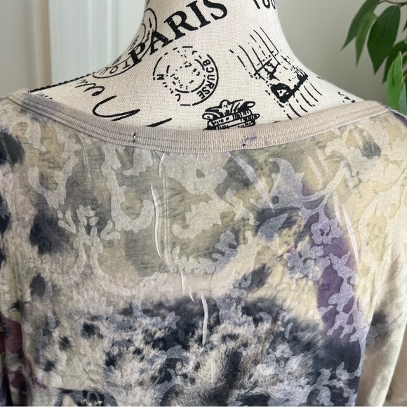 Mandee Short Sleeve Animal Print Rhinestone Sheer Top Cream & Gray Sz L - Picture 10 of 14